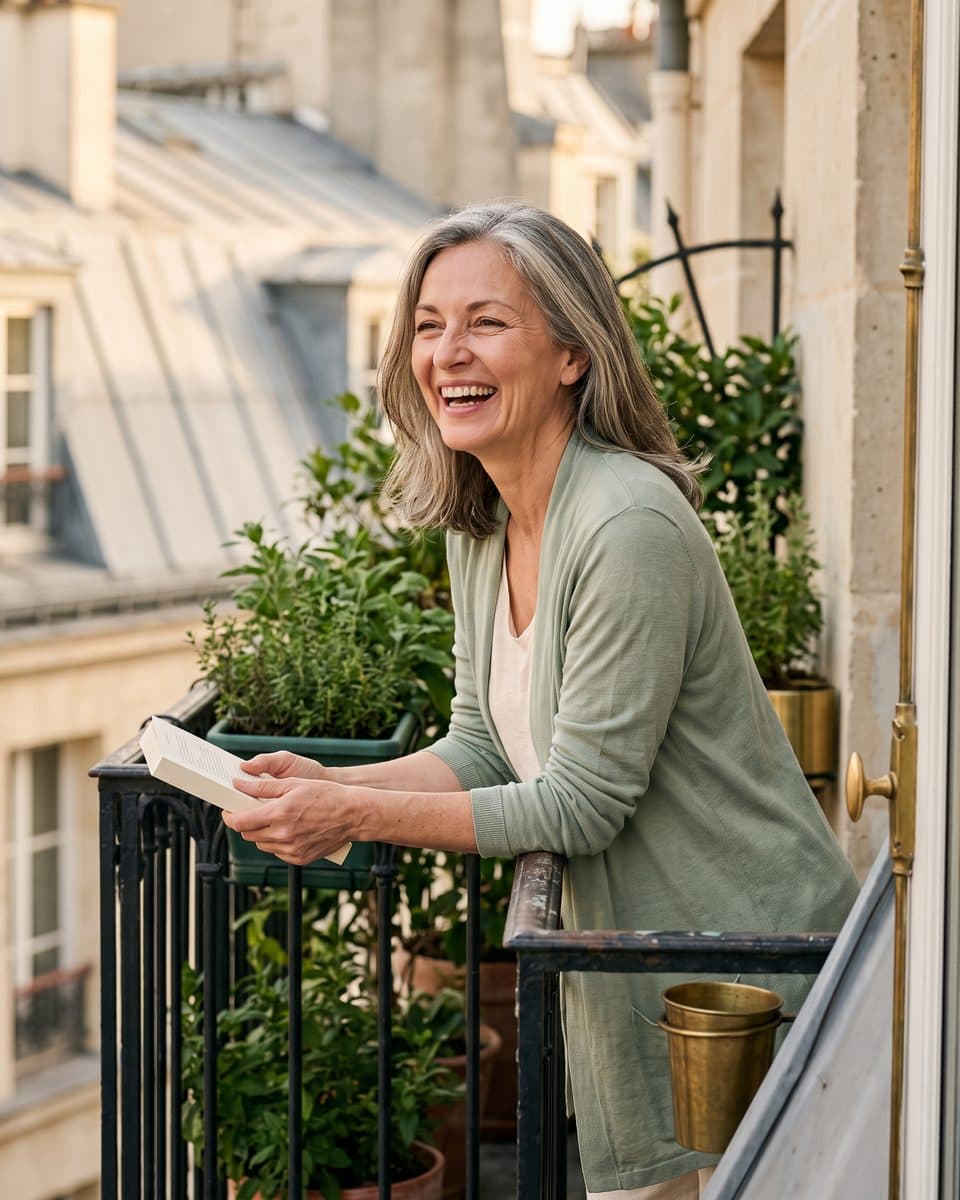 Une femme d’une cinquantaine d’années aux cheveux gris rit sur un balcon parisien, un livre à la main
