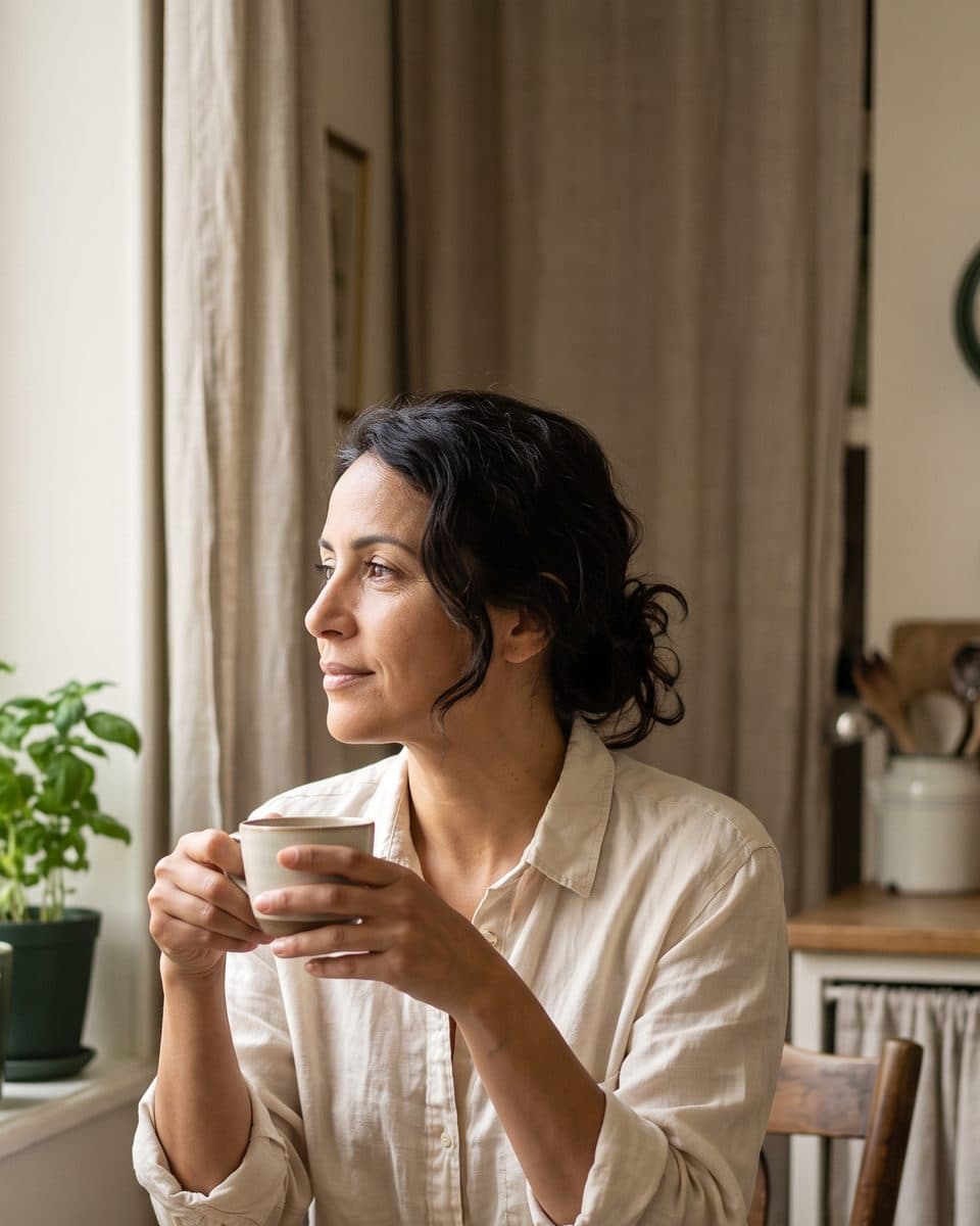 Une femme d’une quarantaine d’années, une tasse entre les mains, regarde par la fenêtre de sa cuisine le matin