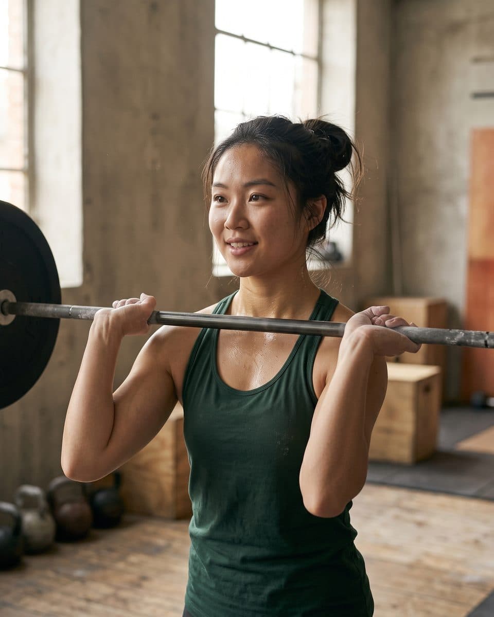 Une femme d’une trentaine d’années soulève une barre chargée dans une salle d’entraînement baignée de lumière