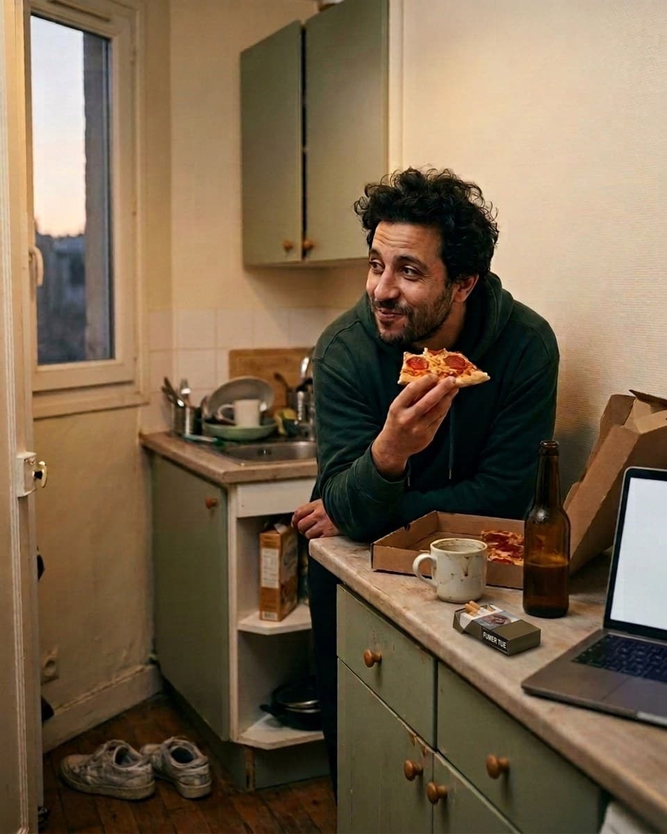 Un homme d’une trentaine d’années mange une part de pizza debout dans sa cuisine en désordre, une tasse de café, une bière et un paquet de cigarettes posés sur le plan de travail